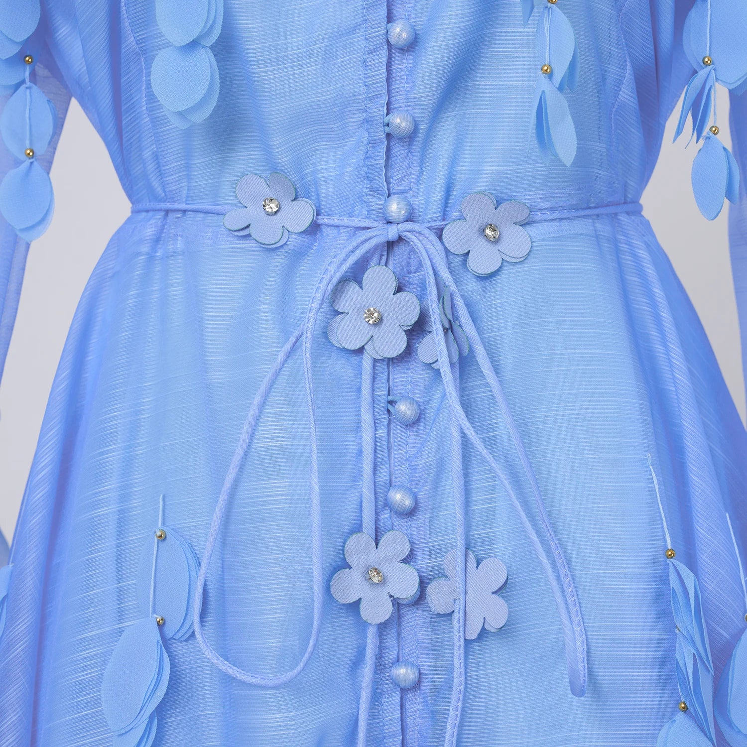 Luxury Beaded Appliques Flower Belt Mesh Dress Women Pearl Button Single Breasted Long Lantern Sleeve Prom Wedding Party Vestido