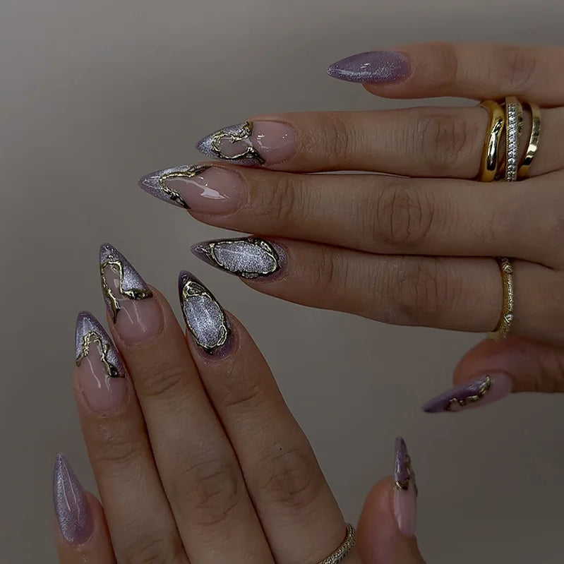 24Pcs Simple False Nails French Design Short Almond Fake Nails Glitter Blue Round Head Full Cover Nail Tips Oval Press on Nails