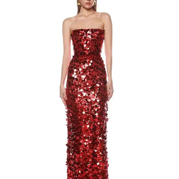 Christmas Style Women Shinning Red Sequins Strapless Bodycon Long Dress Celebrate Birthday Party Nightclub Outfit Vestido