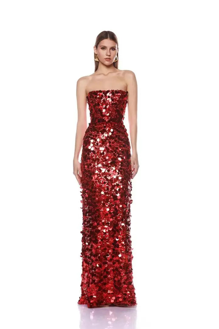 Christmas Style Women Shinning Red Sequins Strapless Bodycon Long Dress Celebrate Birthday Party Nightclub Outfit Vestido