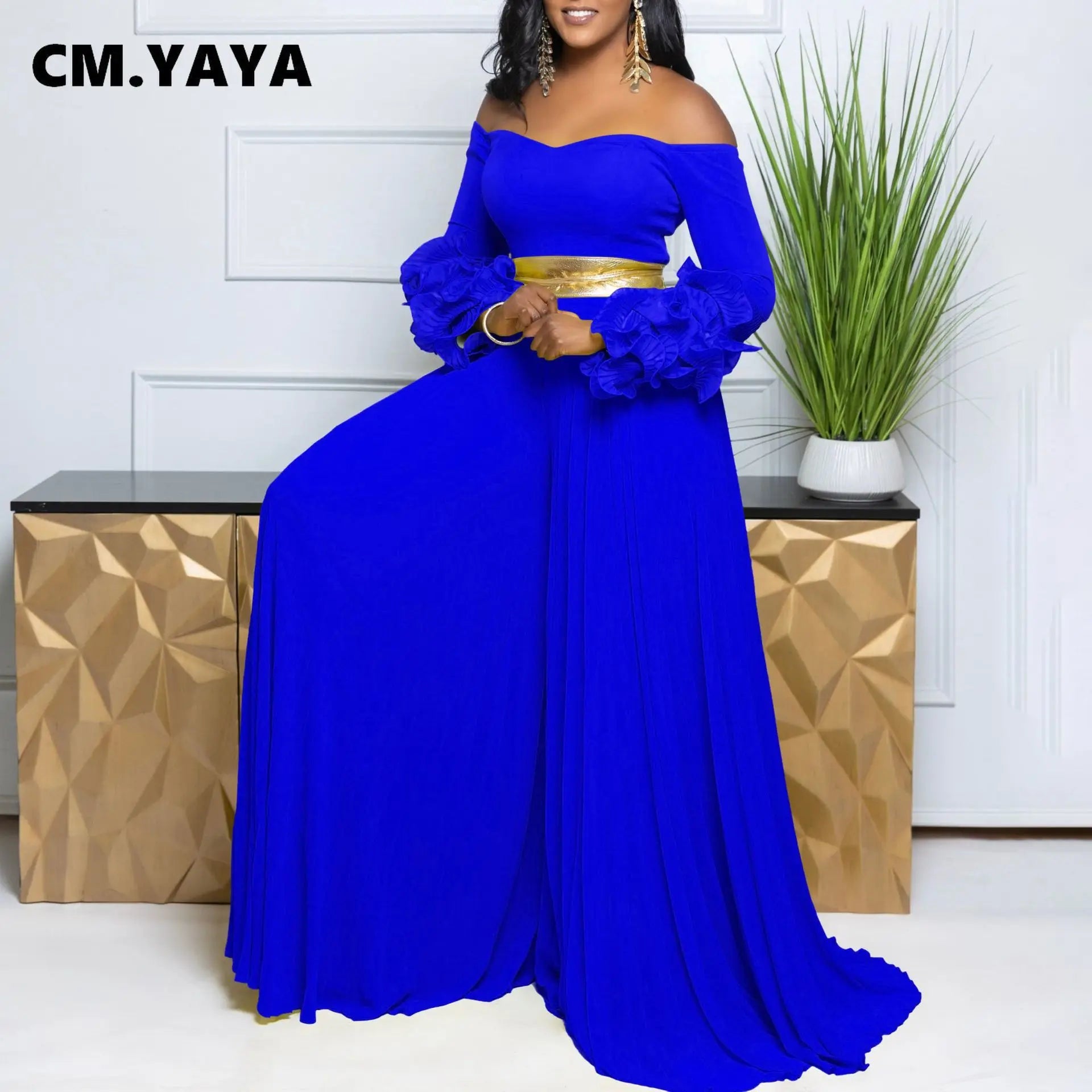 CM.YAYA Women Long Ruffles Sleeve Pleated Slash Neck Wide Leg Long Jumpsuits Party Beach belt Street Sexy Africa Outfit Rompers