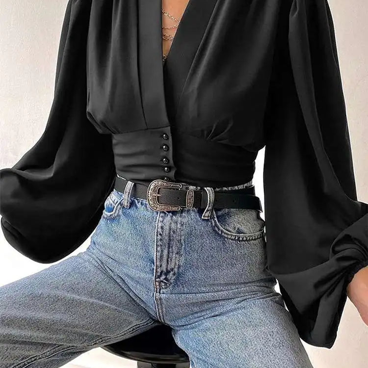 Vintage Blouses for Women Fashion Lantern Long Sleeve Buttons Front Crop Tops Sexy V-neck Shirts French Party Blusas