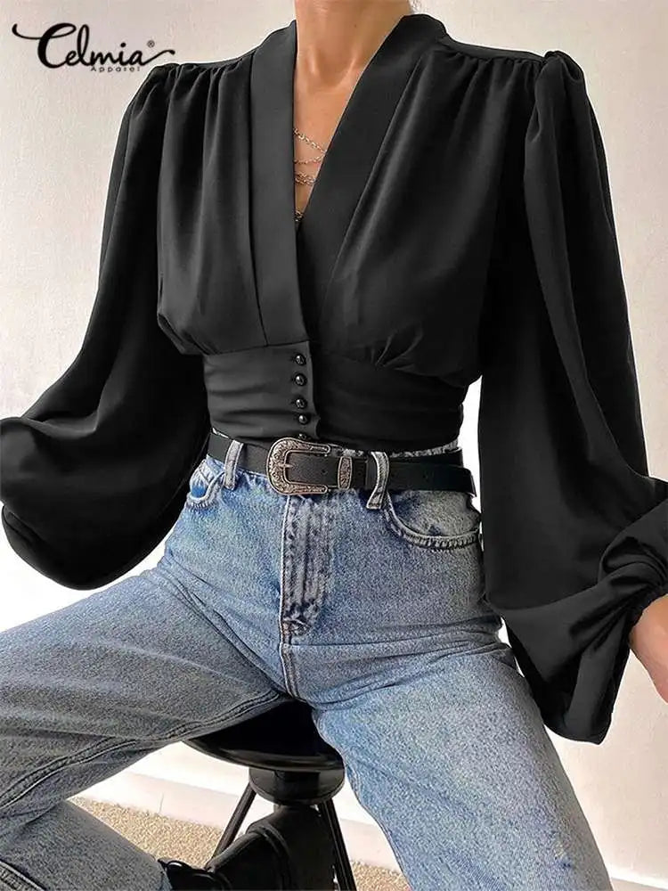 Vintage Blouses for Women Fashion Lantern Long Sleeve Buttons Front Crop Tops Sexy V-neck Shirts French Party Blusas