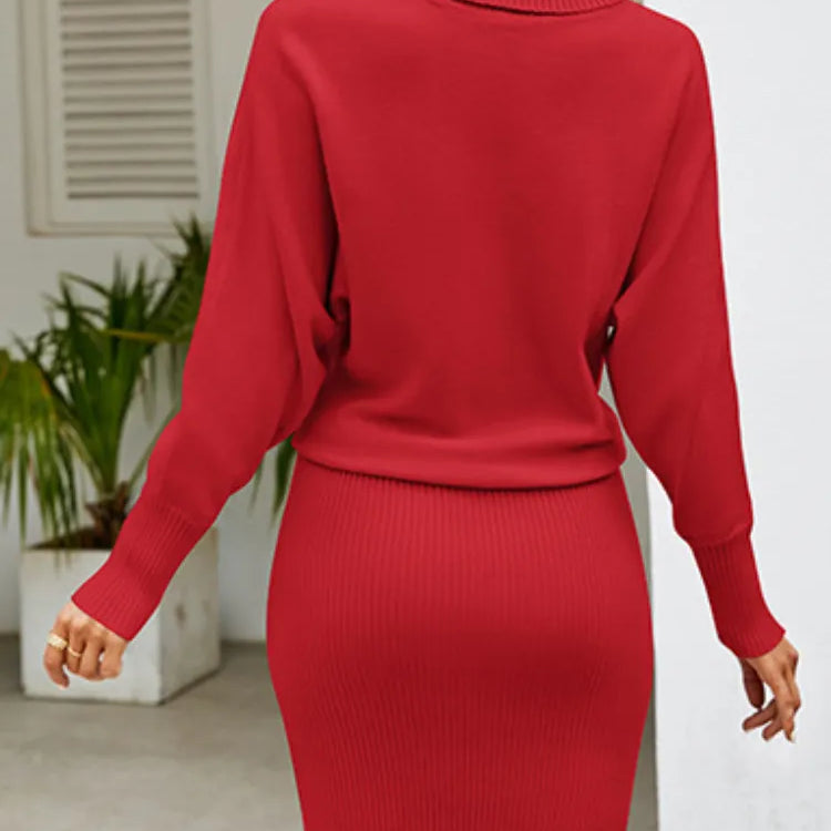 Women Clothing Solid Color Long Knit Dress Slim Turtle Neck Bat Sleeve Pullover Dresses Hip Wrap Above Knee Skirt