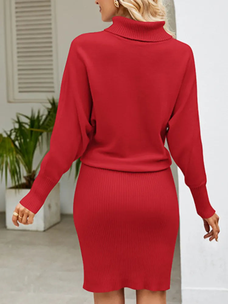 Women Clothing Solid Color Long Knit Dress Slim Turtle Neck Bat Sleeve Pullover Dresses Hip Wrap Above Knee Skirt