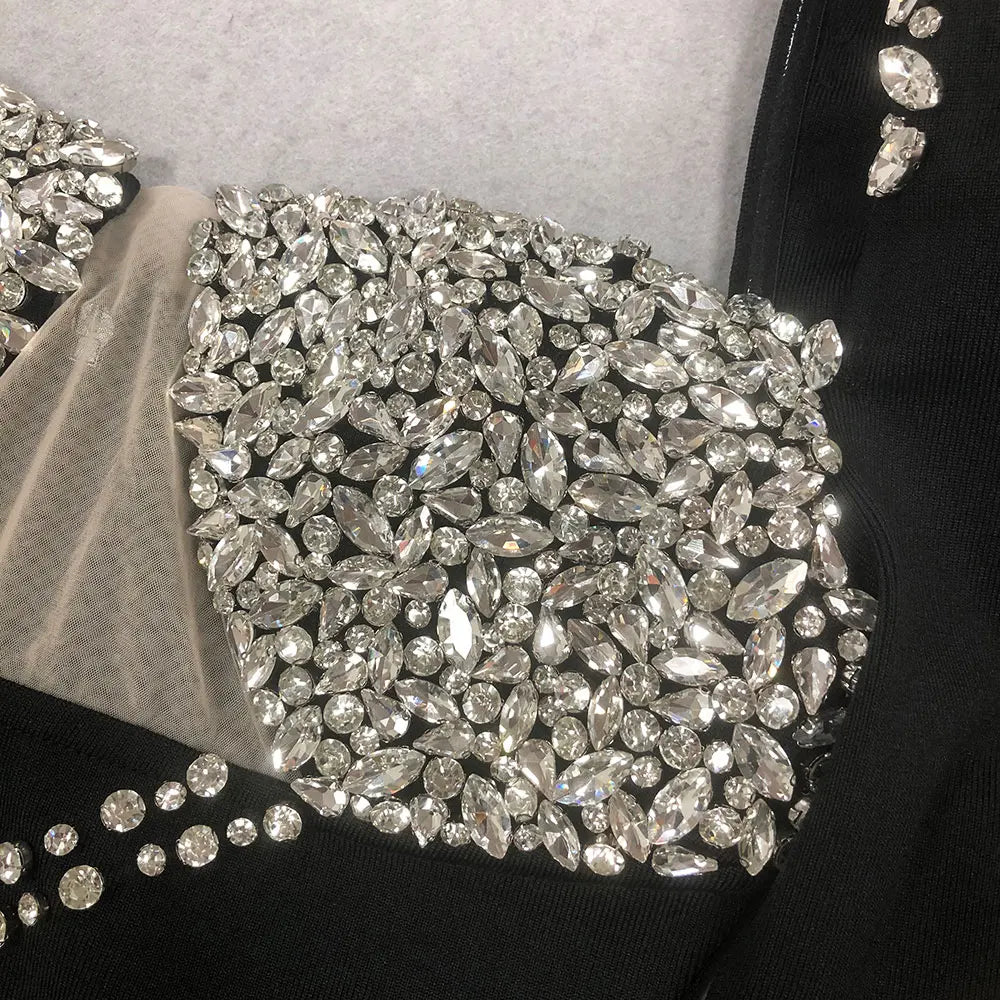 Elegant Light Luxury Nail Diamond Tail Dress Women Long Sleeve Bodycon Bandage Dress Celebrity Evening Party Long Dress Vestidos