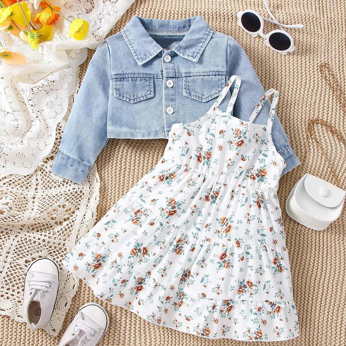 Baby Spring and Autumn Denim Coat Floral + Slip Skirt Two-piece Casual Female Newborn Street Fashion Suit Outdoor Vacation Wear White flower