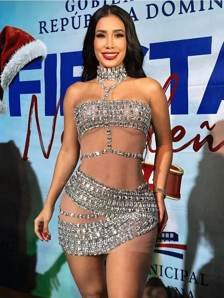 Ladies Celebrity Women Sexy Tank Crystal Diamonds Mesh Mini Dress Birthday Party Costume Bar Nightclub Stage Performance Outfit