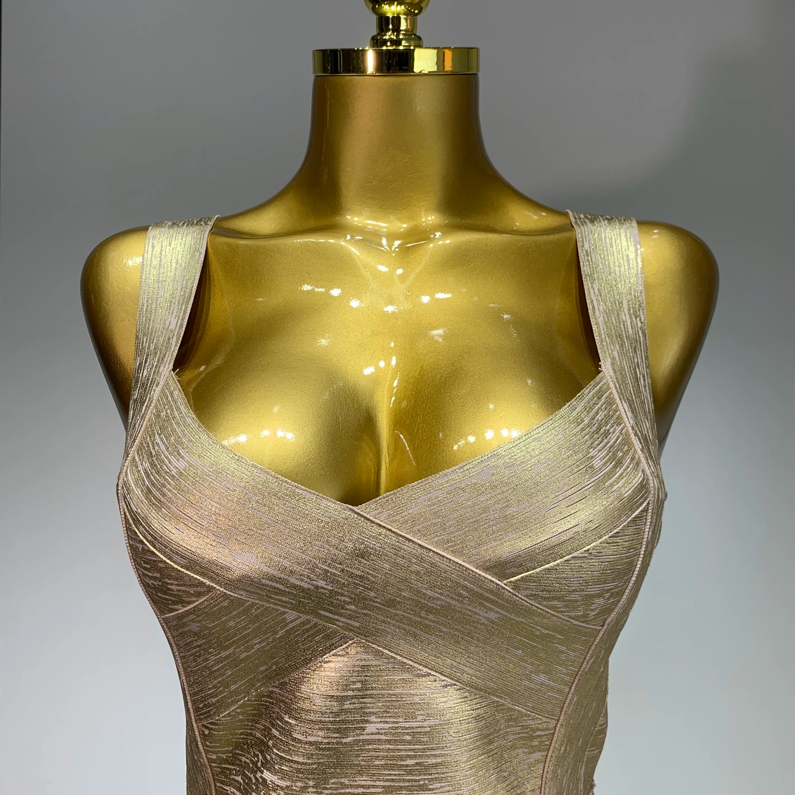 Women Sexy V Neck Bronzing Gold Midi Bodycon Bandage Dress 2025 Celebrity Elegant Evening Club Party Luxury Birthday Dress