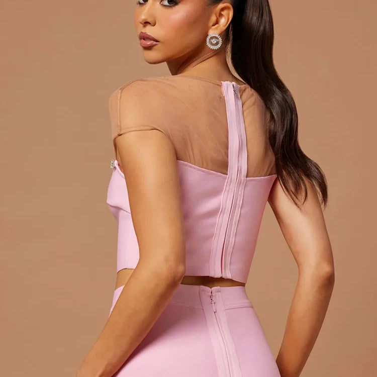 Women Luxury Sexy Mesh Crystal Beading Pink Two Piece Pants Bandage Set 2023 Celebrity Designer Fashion Women's Set