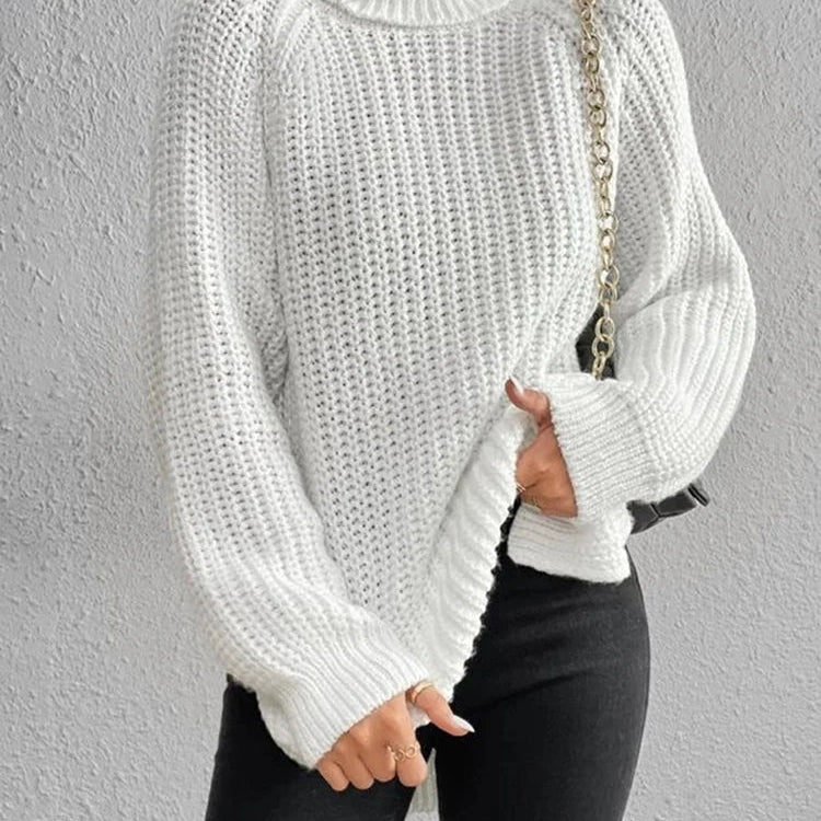 Women Winter Turtleneck Loose Sweater Elegant Drop Sleeve Side Split Pullover Vintage Harajuku Chic Jumpers Oversized knit Tops White