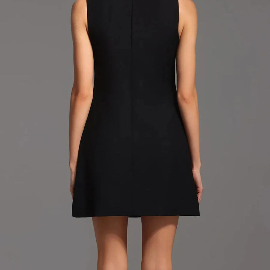 Solid Slimming Spliced Bead Luxurious Mini Dresses for Women Round Neck Sleeveless Temperament Dress Female Fashion