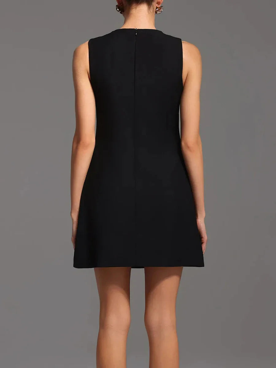 Solid Slimming Spliced Bead Luxurious Mini Dresses for Women Round Neck Sleeveless Temperament Dress Female Fashion