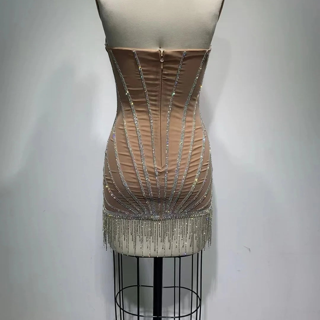 Top Hand-make Sparkly Rhinestones Women Sexy Halter Bodycon Mini Dress Chain Nightclub Bar Singer Performance Costume