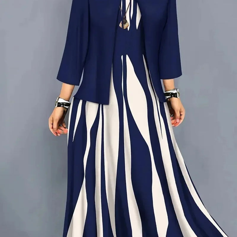 Plus Size Plus Size Geometric Print Long Sleeve Dress And Jacket Set Two Piece Set Large Size Polyester Fiber Women's Fashion