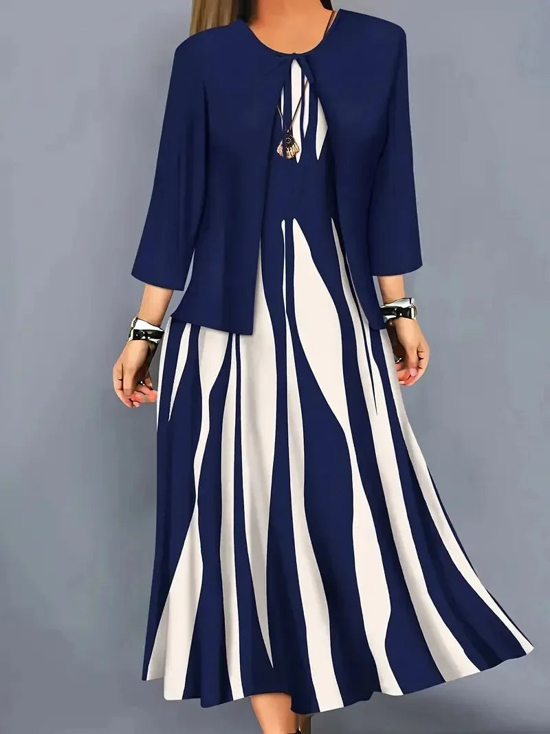 Plus Size Plus Size Geometric Print Long Sleeve Dress And Jacket Set Two Piece Set Large Size Polyester Fiber Women's Fashion