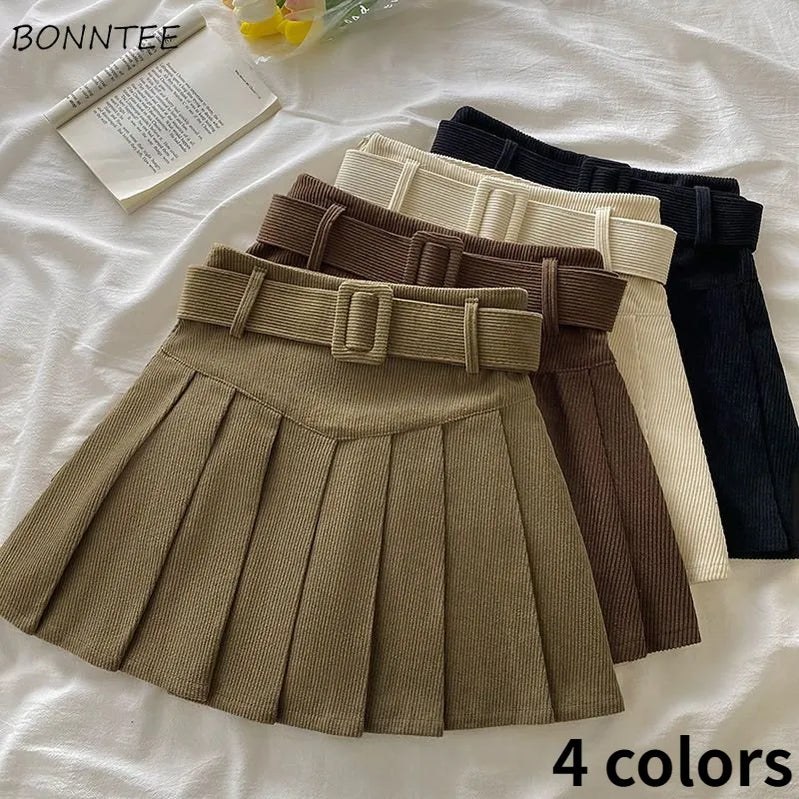 Rok mini lipit wanita siswa Jepang siswa korduroi gaya musim gugur musim gugur musim dingin dasar dasar solid chic vintage jk slim all-match