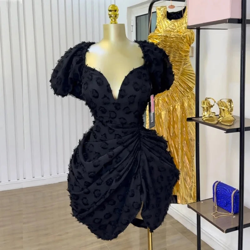 CM.YAYA Summer Women Lantern Short Sleeve Side Split Ruched Midi Mini Dress 2025 Fashion Sexy Night Club Party Dresses Vestidos