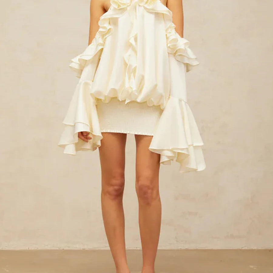 Solid Loose Spliced 3D Flower Dresses for Women Halter Neck Sleeveless Patchwork Fungus Mini Dress Female Clothing