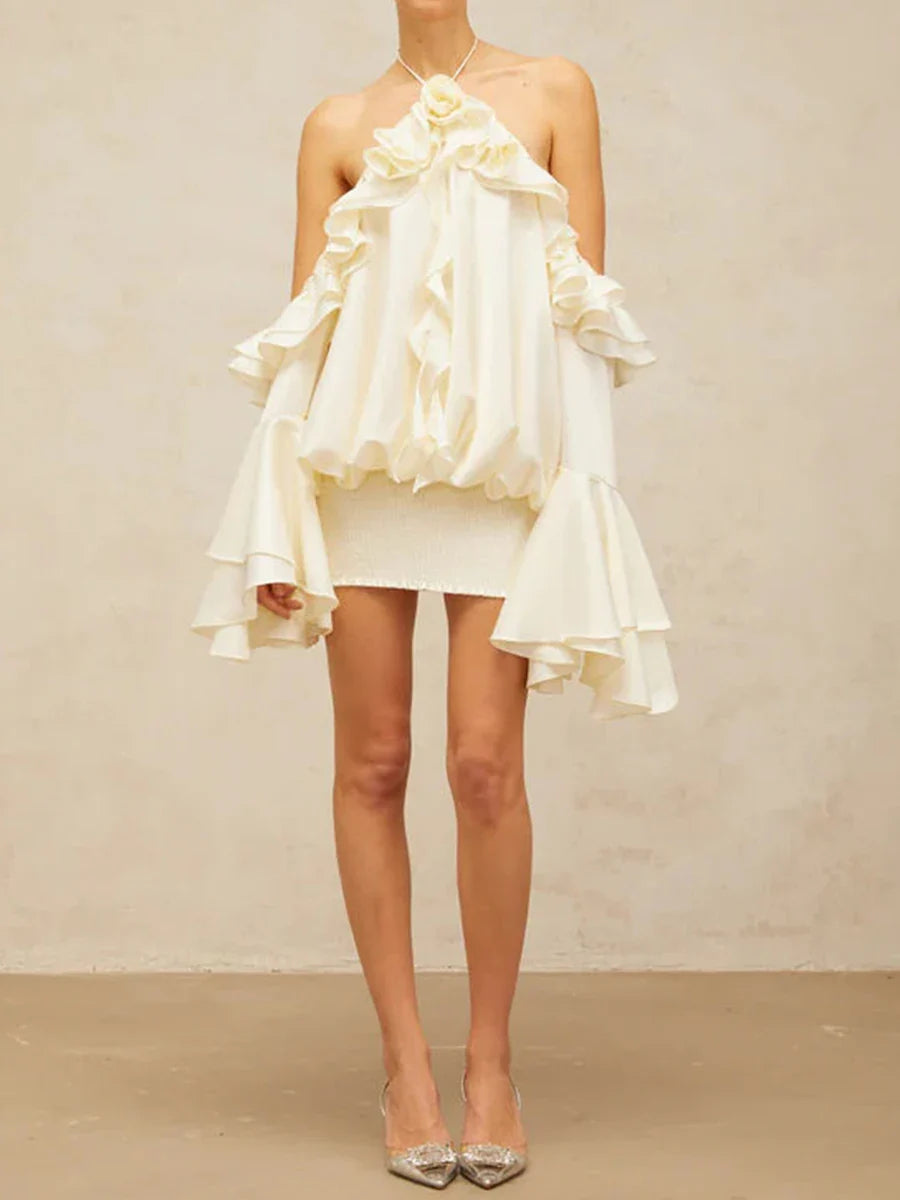 Solid Loose Spliced 3D Flower Dresses for Women Halter Neck Sleeveless Patchwork Fungus Mini Dress Female Clothing