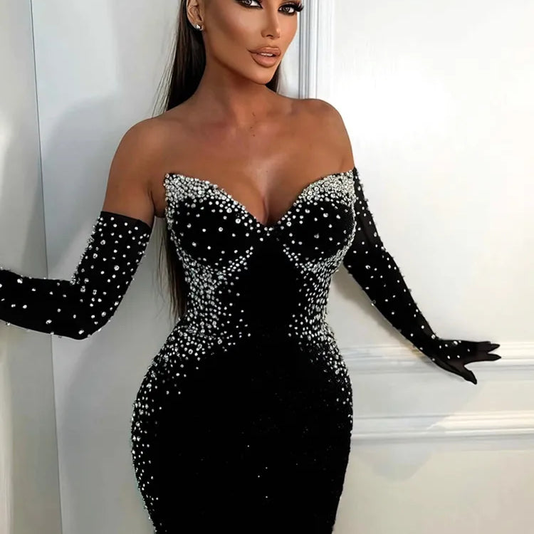 Sexy Strapless Backless Pearl Beading Black Long Bandage Women Celebrity Dress 2025 Elegant Party Evening Club Vestido Clothing