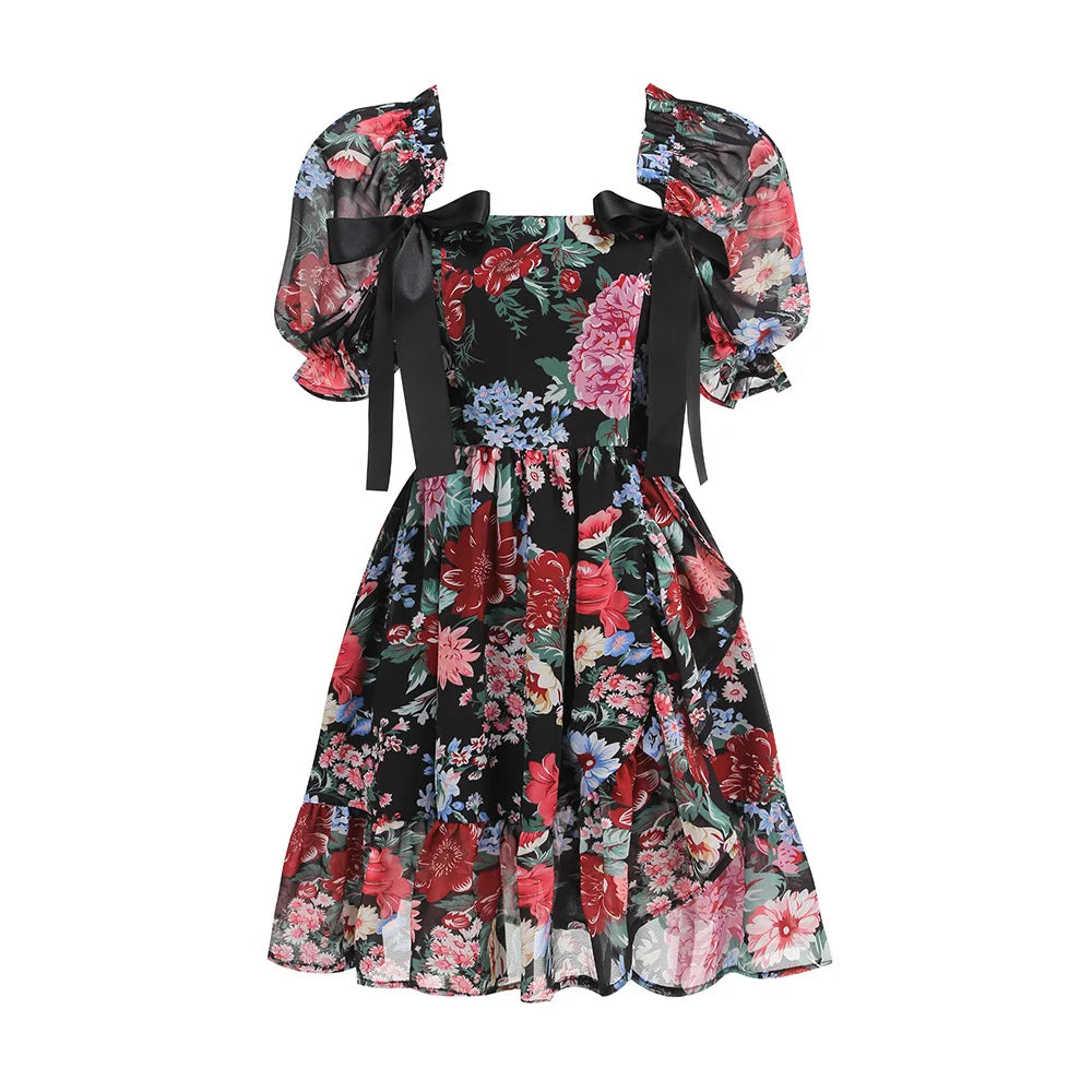 Women Short Sleeve Square Collar Ball Gown Mini Dress Print Color Celebrate Girls's Vacation Celebrate Birthday Outfit