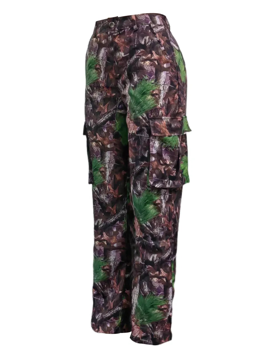 Mid-Waist Side Pocket Design Camo Print Cargo Pants Women Street Y2K Trousers Print Design Jeans