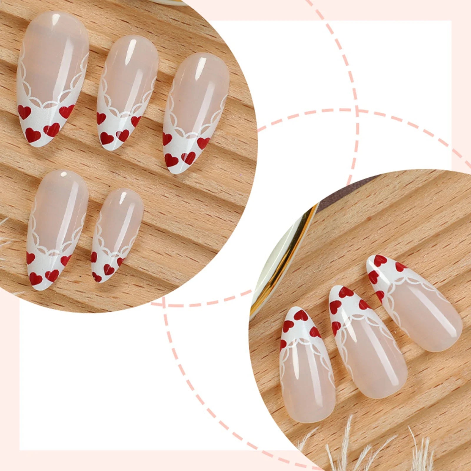 Gentle Women Almond Fake Nails 24Pcs White French Press on Nails Red Love Heart Printed Valentine's Day Charm Manicure Nails Art