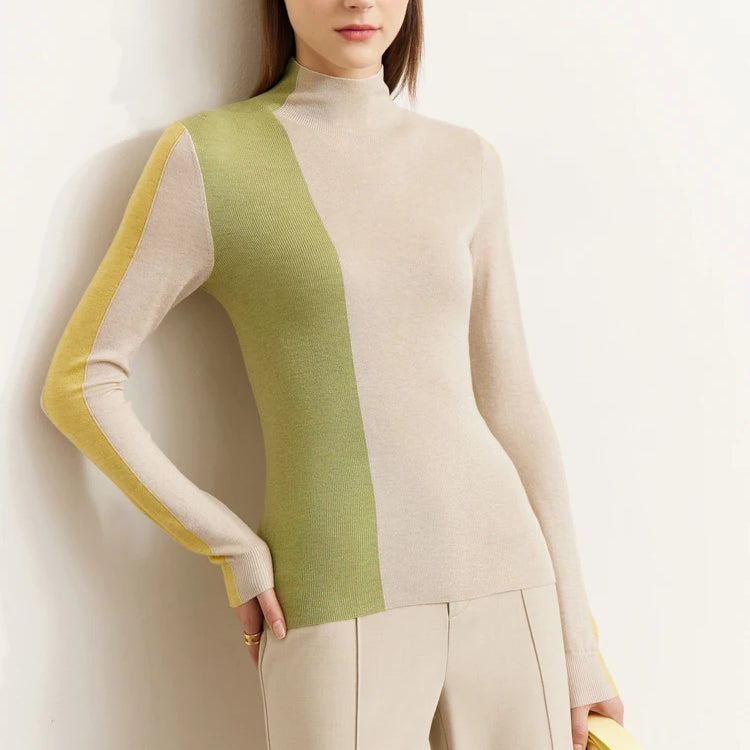 Minimalism Knitted Sweater Women Autumn All-match Slim Half High Collar Splicing Design Soft Clothing Tops APRICOT
