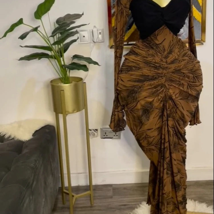 CM.YAYA Women Leaf Printed Stacked Ruched Draped V-neck Maxi Long Bodycon Dress 2025 Holiday Birthday Club Party Evening Dresses