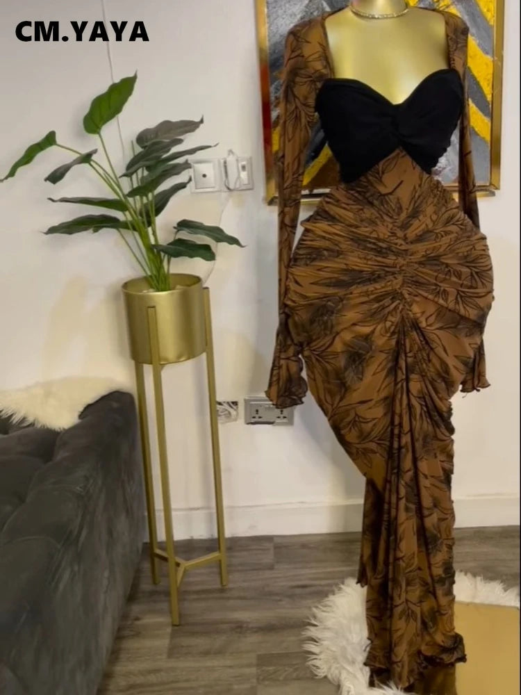 CM.YAYA Women Leaf Printed Stacked Ruched Draped V-neck Maxi Long Bodycon Dress 2025 Holiday Birthday Club Party Evening Dresses