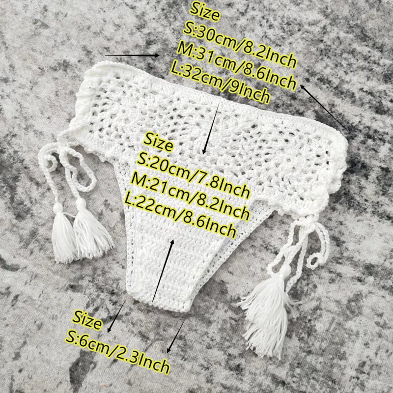 Vintage Boho Hand Crochet Bikini Set Wooden Bead Fringe Crop Swimwear