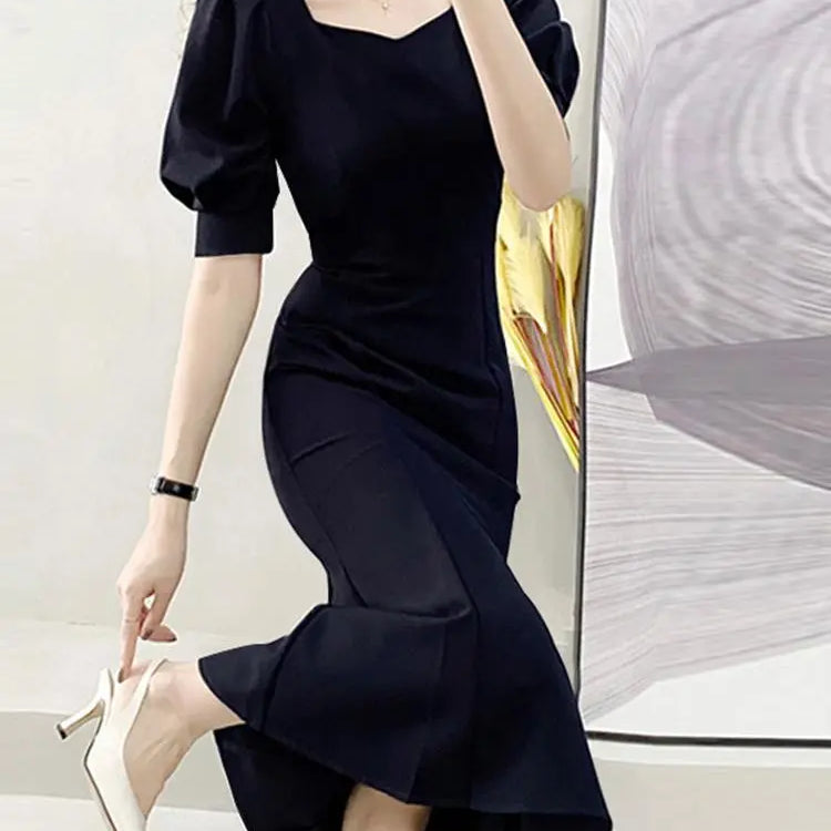 Elegant Party Midi Sundress Sexy Square Collar Holiday Short Puff Sleeve Mermaid Dresses Women Fashion Waisted Long Robe