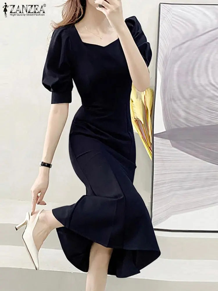 Elegant Party Midi Sundress Sexy Square Collar Holiday Short Puff Sleeve Mermaid Dresses Women Fashion Waisted Long Robe