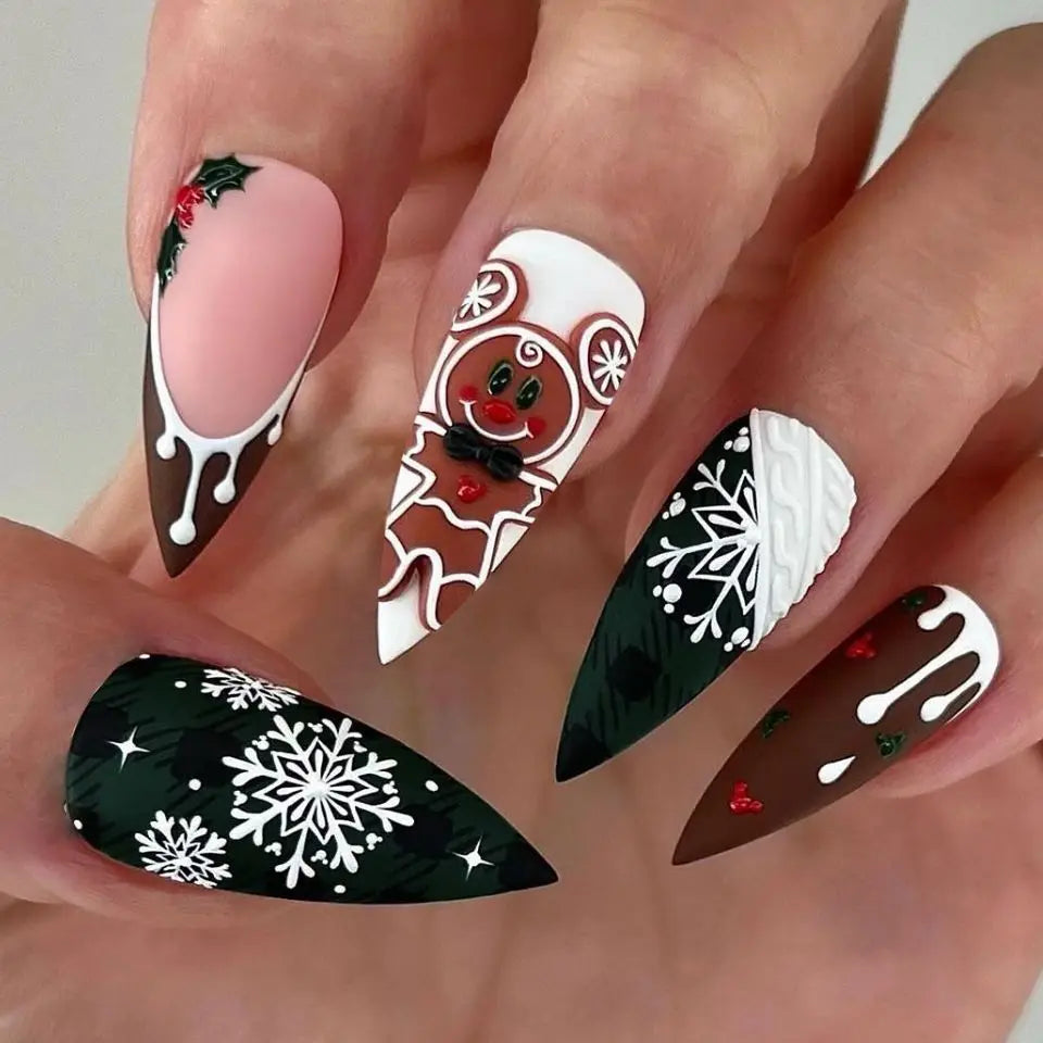 2025 New Christmas Fake Nail Tips Wearable Almond False Nails with Snowflake Flower Print European Xmas New Year Press on Nails