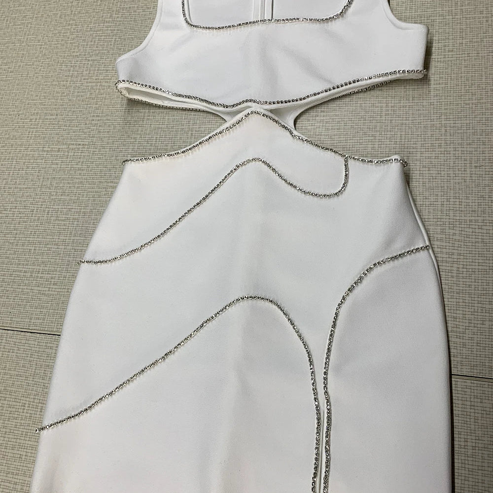 Ailigou 2023 New Summer Women'S White Sexy Luxury Diamond Cut-Out Vest Club Clothing Fashion Sleeveless Mini Bandage Dress