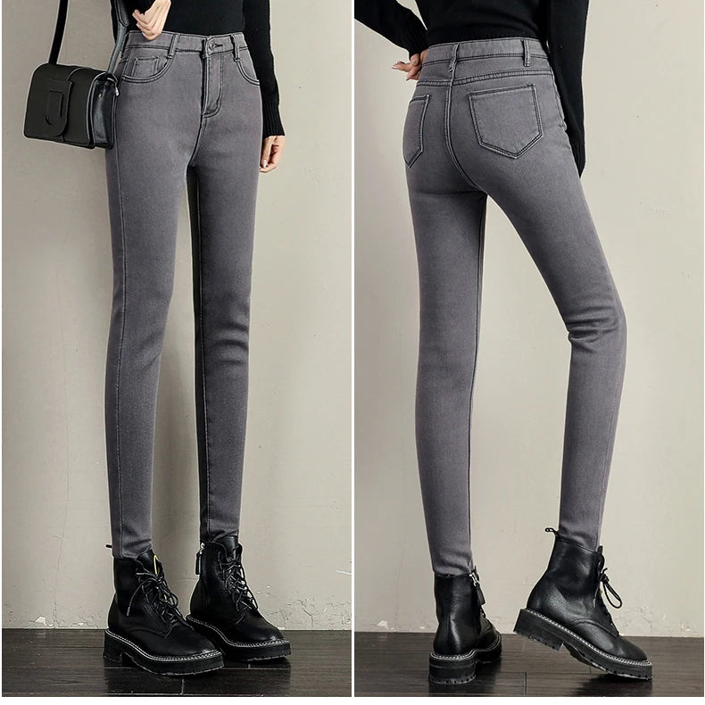 Women Stretch High Waist Skinny Warm Thick velvet Jeans Lady Mom Cotton Pants Student Winter Pencil Trousers clothes 38 40