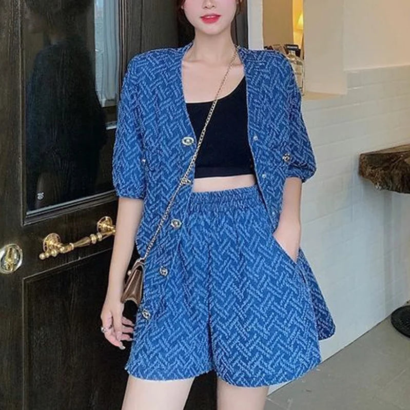 Summer New Printing Ladies Suits Fashion Loose Short Sleeve Button Cardigan and Elastic Waist Casual Pockets All-match Shorts