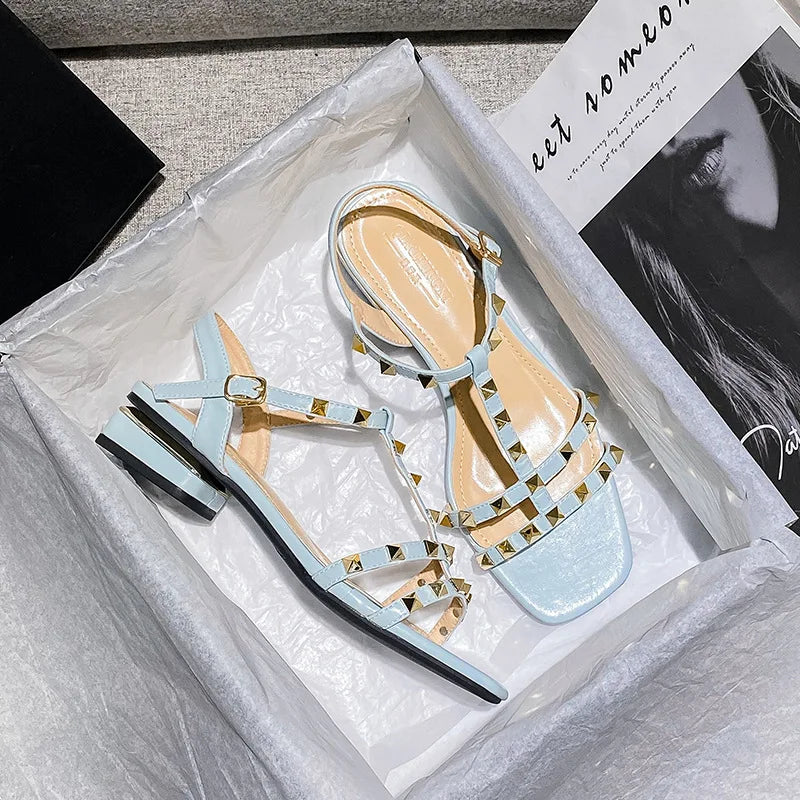 Summer low heel women rivets sandals thin ribbon fashion Korean design girls shoes large size wear slippers free delivery