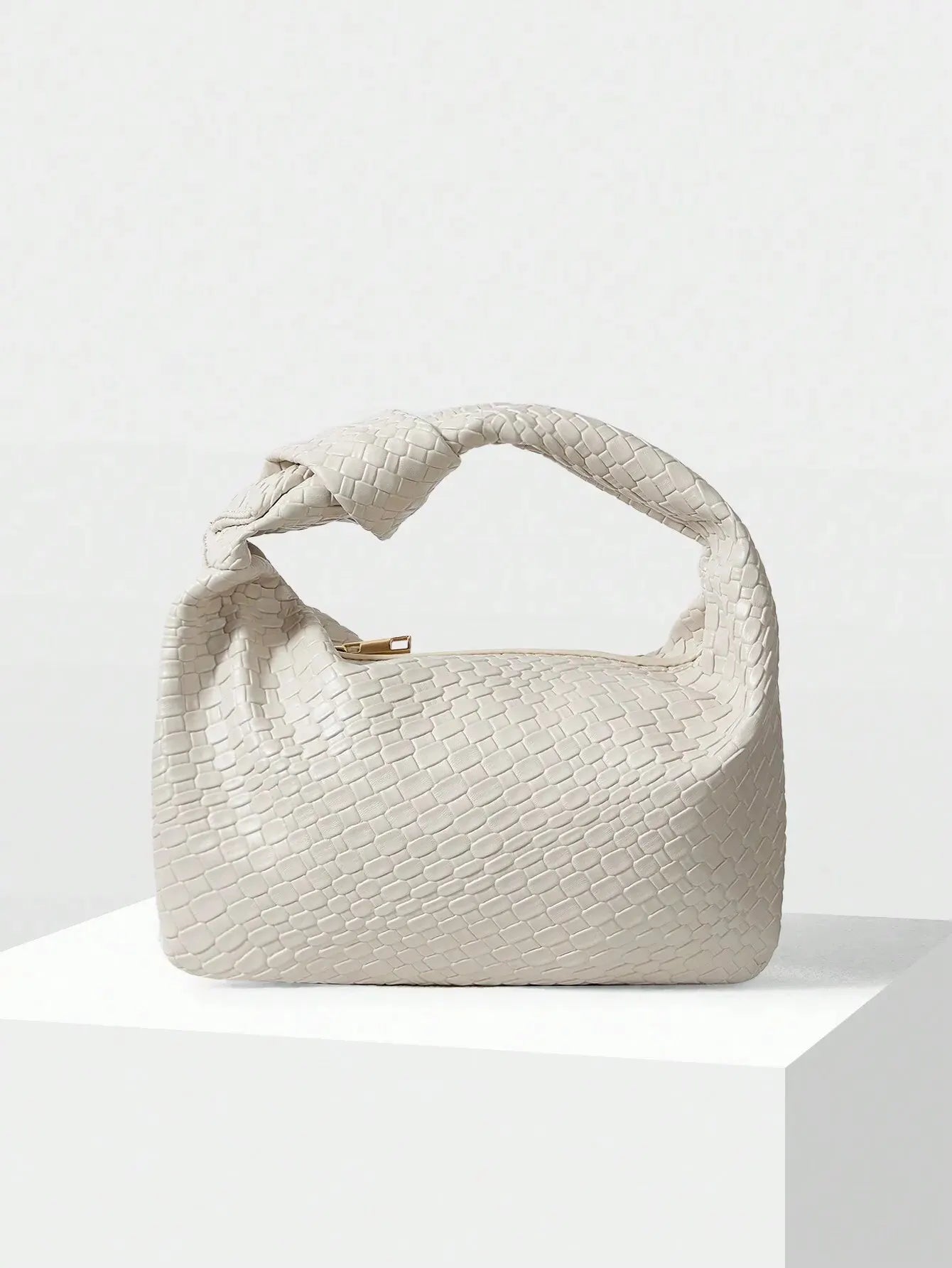 Upscale Vintage Fashion Crescent Hand Carrying Bag in Brown Woven Knot Decoration and Handbag for Shopping Dating Wedding Banque (20cm<Max Length<30cm) Beige