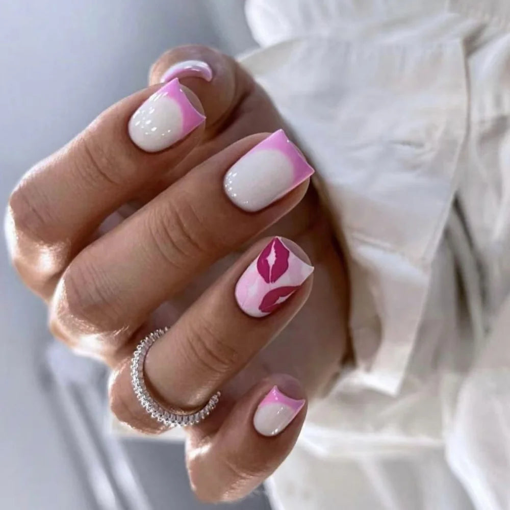 24pcs Flower Full Cover Nail with Pearl Design Mid-length Ballet False Nails Press on Square Fake Nail Tip Wearable Manicure Set