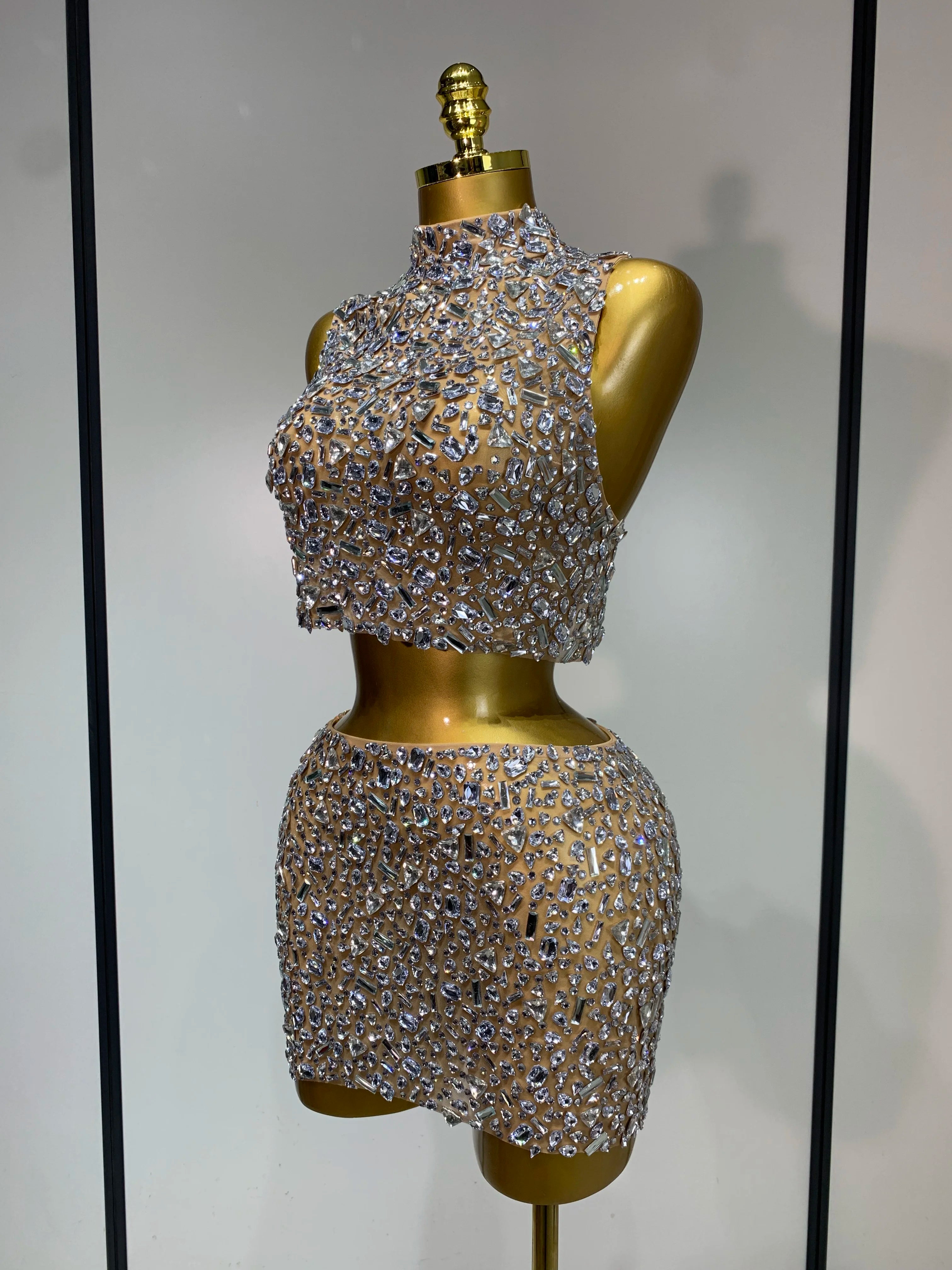 High Quality Sparkling Rhinestone Sexy See Through Blackless Top Skirt Two Pieces Set Woman Luxury Birthday Evening Party Gowns