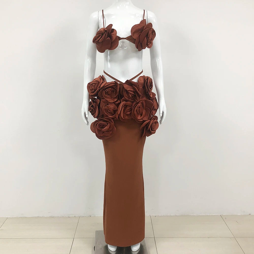 Cor marrom feminina sexy alça floral bandagem tops 2 peças bodycon vestido longo boate festa celebrar sessão de fotos usar