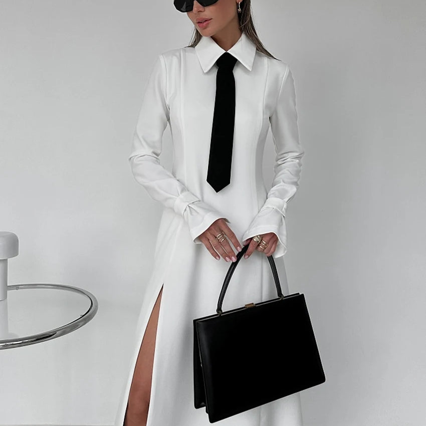 Fashion Slim White Office Dress Casual Lapel Long Sleeve Ankle Length Dress Elegant Classic Slit Dresses For Women 2024