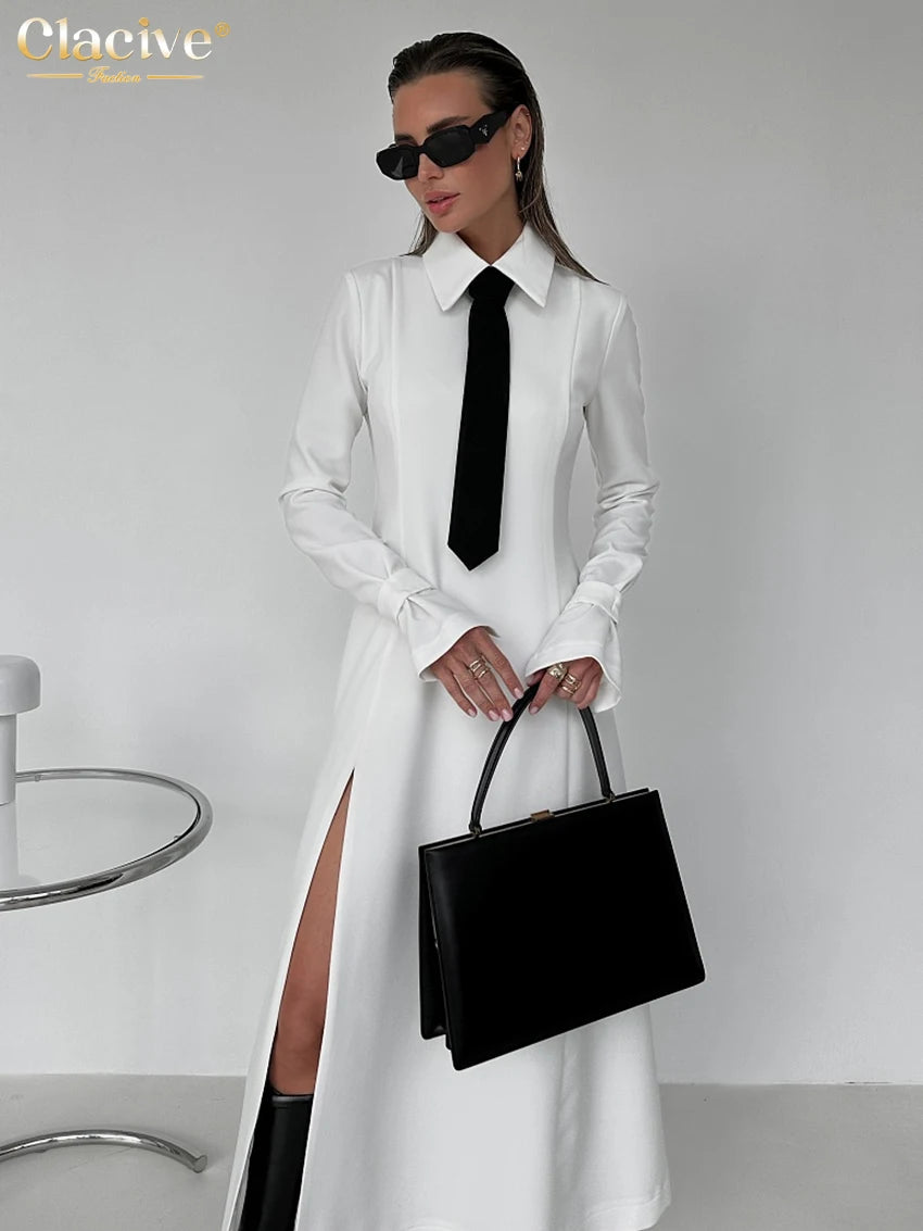 Fashion Slim White Office Dress Casual Lapel Long Sleeve Ankle Length Dress Elegant Classic Slit Dresses For Women 2024