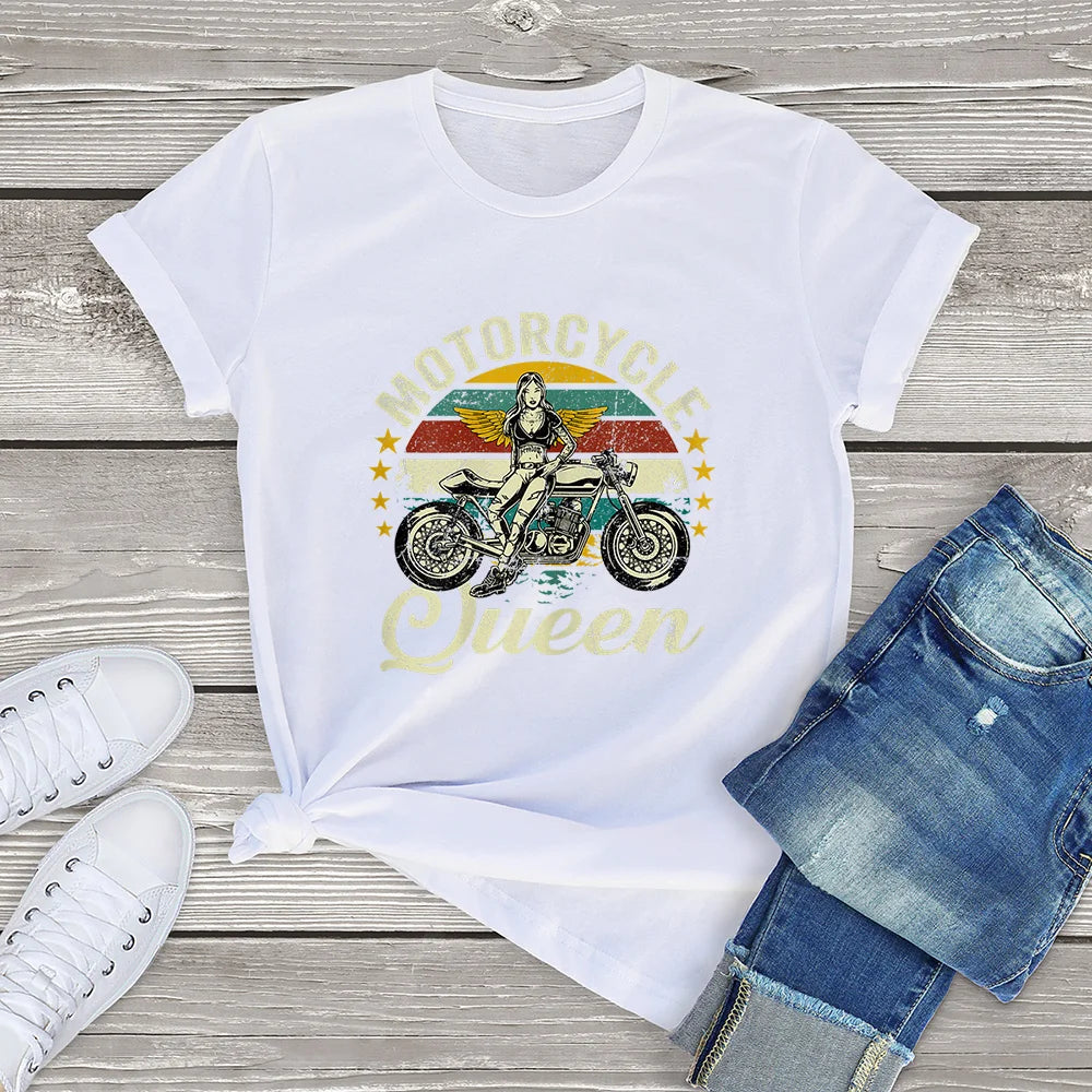 Cotton Personality Fashion Vintage Motorcycle Queen Grandma Clothing Gift Women T-Shirt Printed Unisex Tee Streetwear WHITE