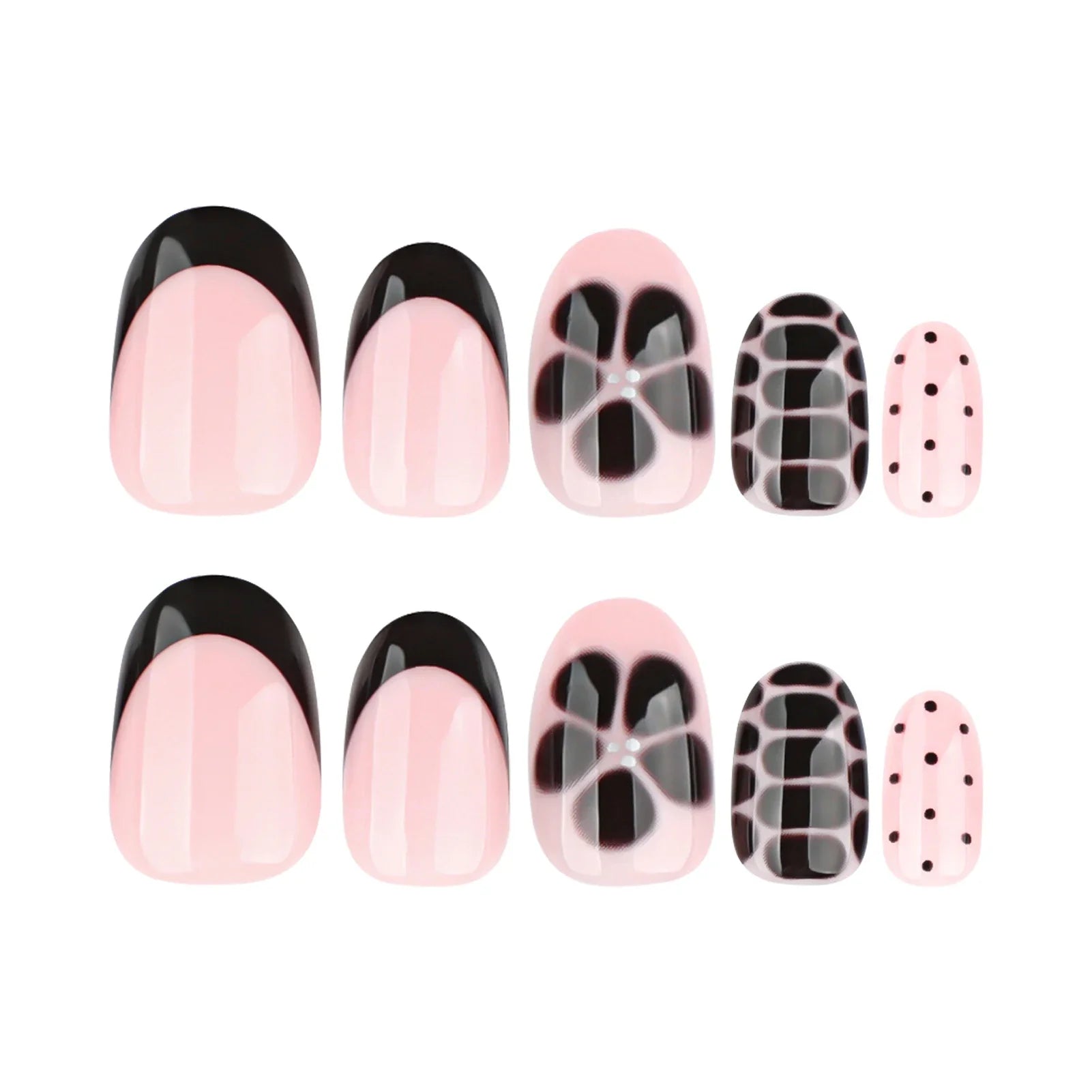 Short Oval Shaped False Nails 24Pcs Black French Press On Nails Flower/Dot Printed Cool Girls Charm Manicure Stick-on Fake Nails