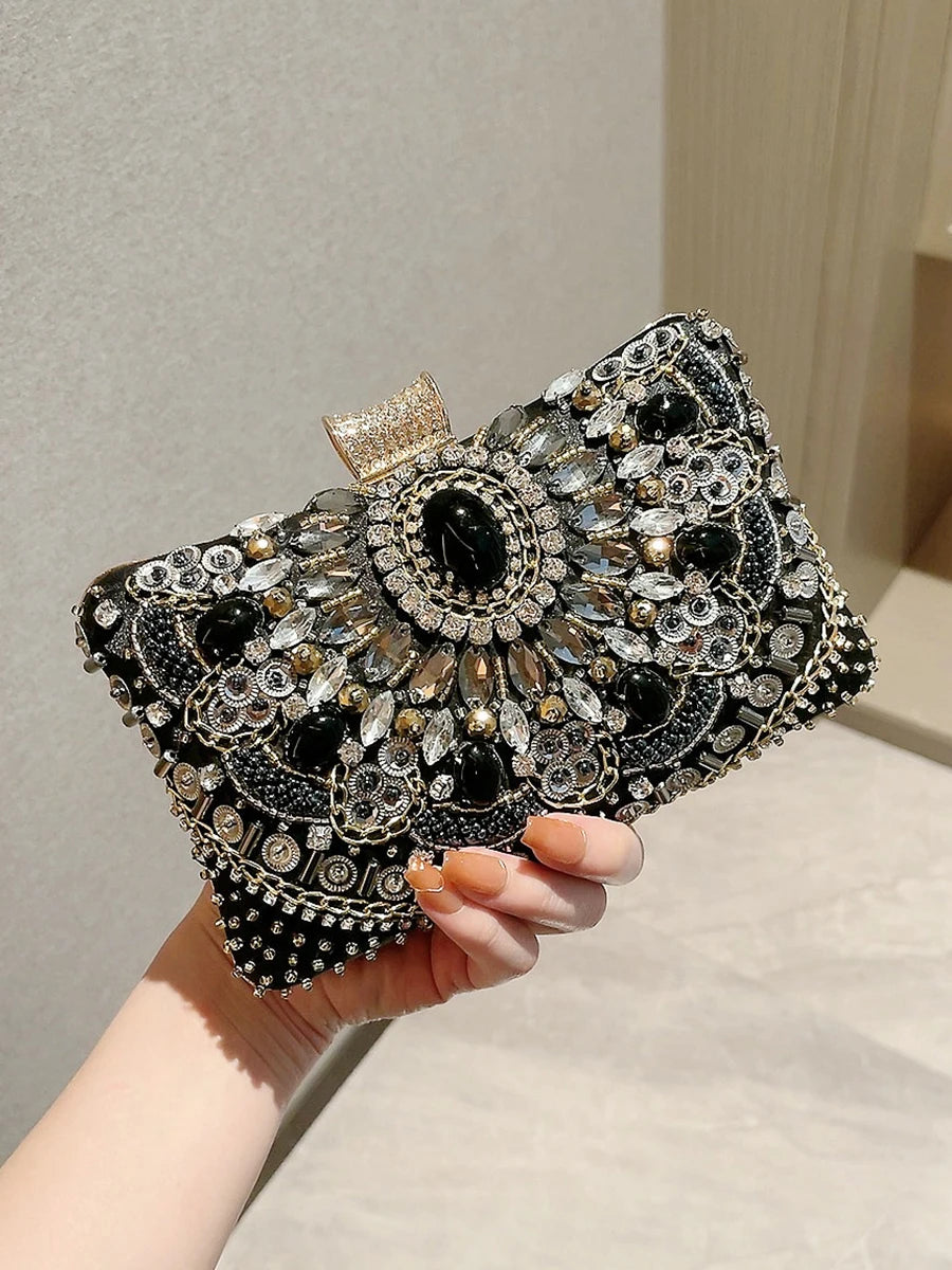 Beaded Rhinestone Evening Bag Elegant Box Clutch Purse Women's Wedding Handbags For Party Prom
