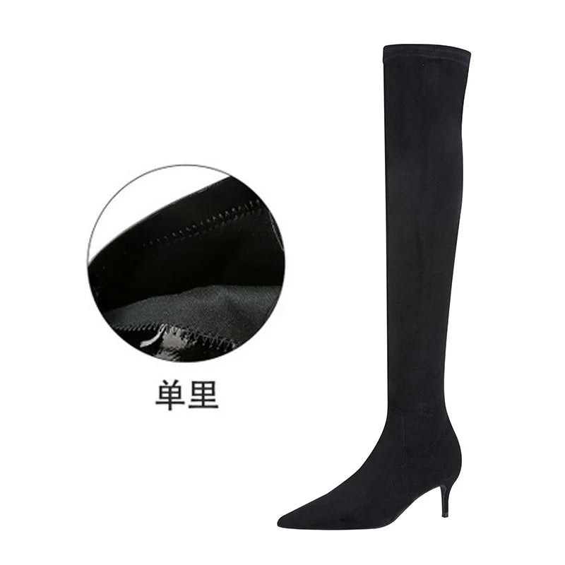 Women Winter Boots Slim High Heel Suede Stretched Over Knee Long Boots Sexy Pointed Down Thigh Long Botas Fashion black