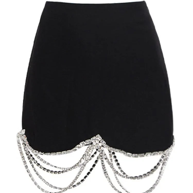 KBQ Luxury Spliced Diamonds Chain Skirt For Women High Waist Irregular Hem Mini Bodycon Skirts Female Fashion Summer Clothing